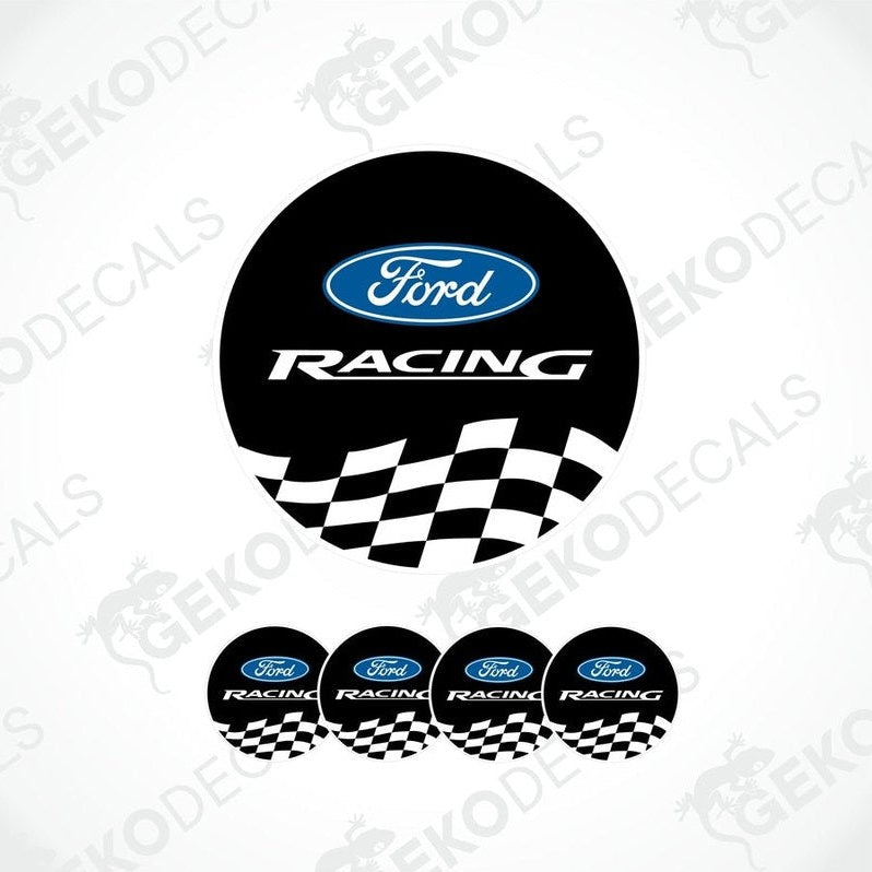 A set of four black vinyl stickers with the FORD RACING logo and a checkered pattern.