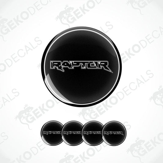 A set of black vinyl decals with the word 'FORD RAPTOR' on them, typically used as car wheel stickers.