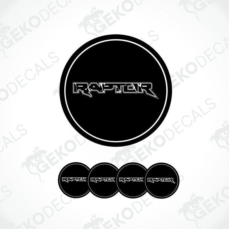 A set of black vinyl decals with the word 'FORD RAPTOR' on them, typically used as car wheel stickers.
