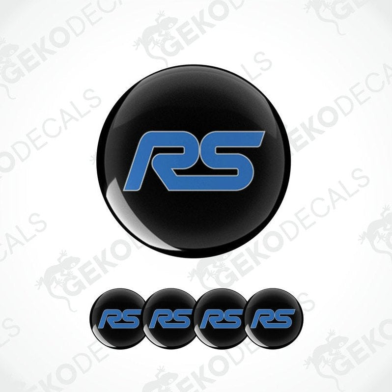 A set of black and blue car wheel decals with the FORD RS logo.