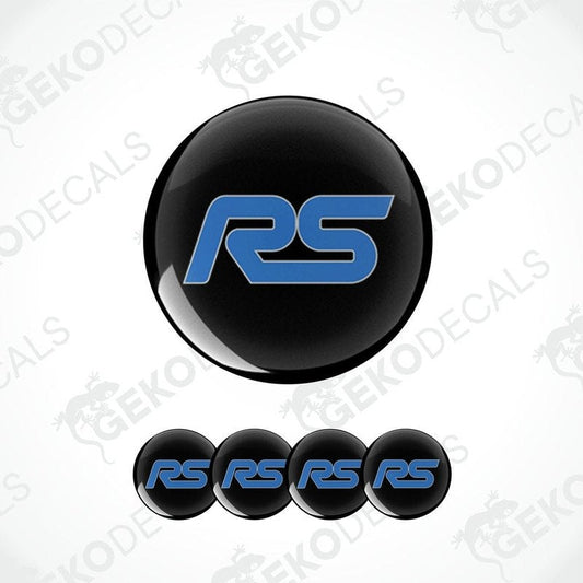 A set of black and blue car wheel decals with the FORD RS logo.