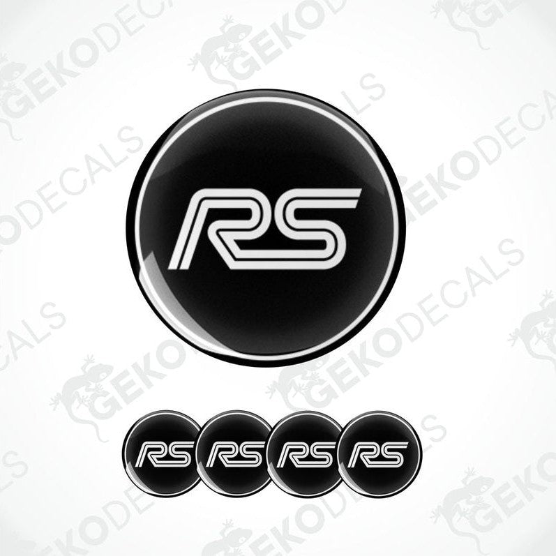 A set of four vinyl decals with a polyurethane coating featuring the FORD  RS logo in black and white.