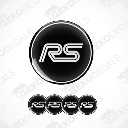 A set of four vinyl decals with a polyurethane coating featuring the FORD  RS logo in black and white.
