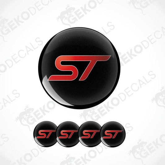 A set of four black vinyl stickers with the letter 'FORD ST' in red and white, displayed on a white background.