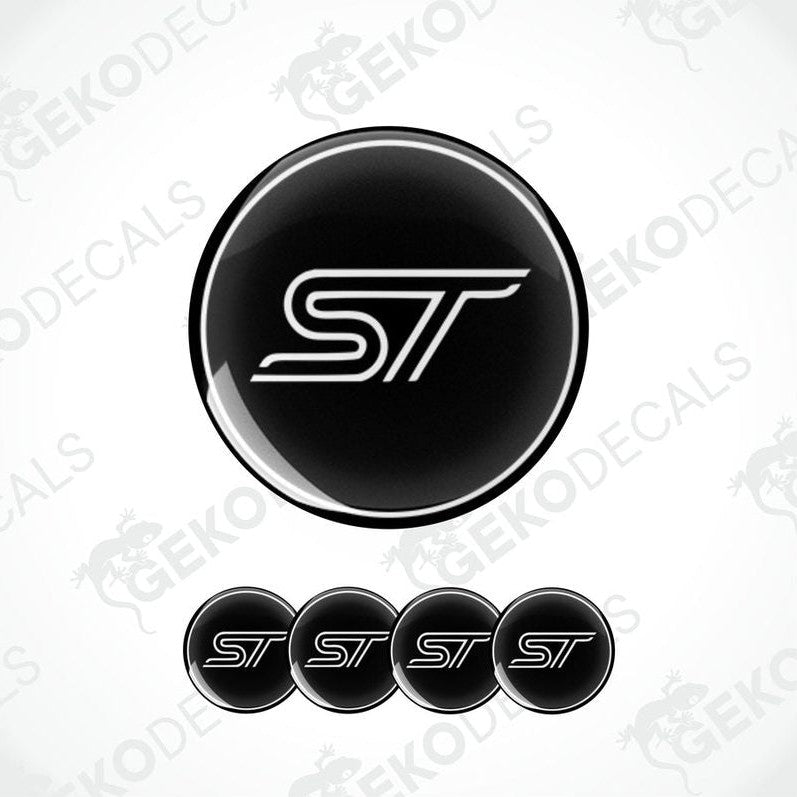 A set of black vinyl decals with the FORD  ST logo, designed for use as car wheel stickers.
