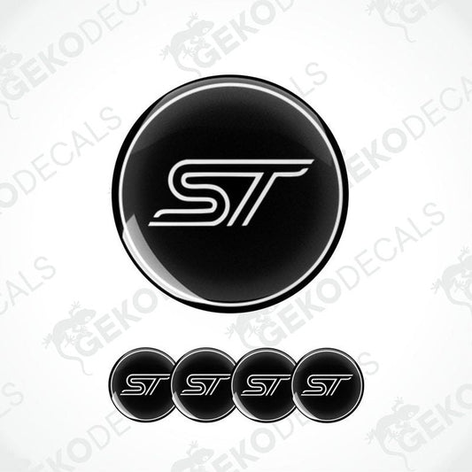 A set of black vinyl decals with the FORD  ST logo, designed for use as car wheel stickers.