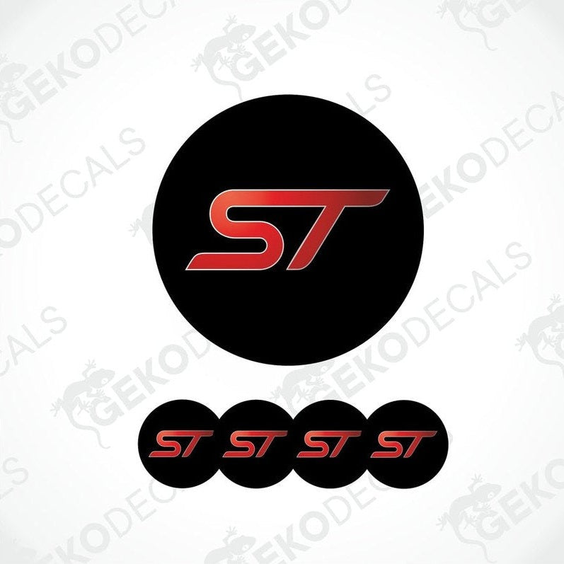 A set of four black vinyl stickers with the letter 'FORD ST' in red and white, displayed on a white background.