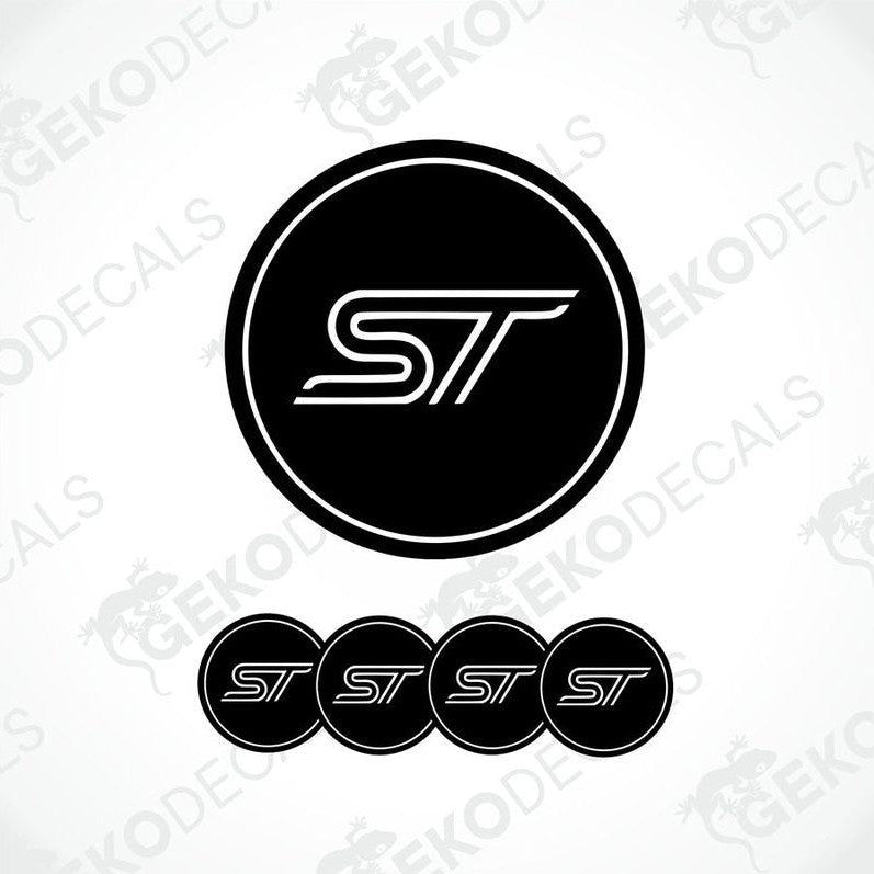 A set of black vinyl decals with the FORD  ST logo, designed for use as car wheel stickers.