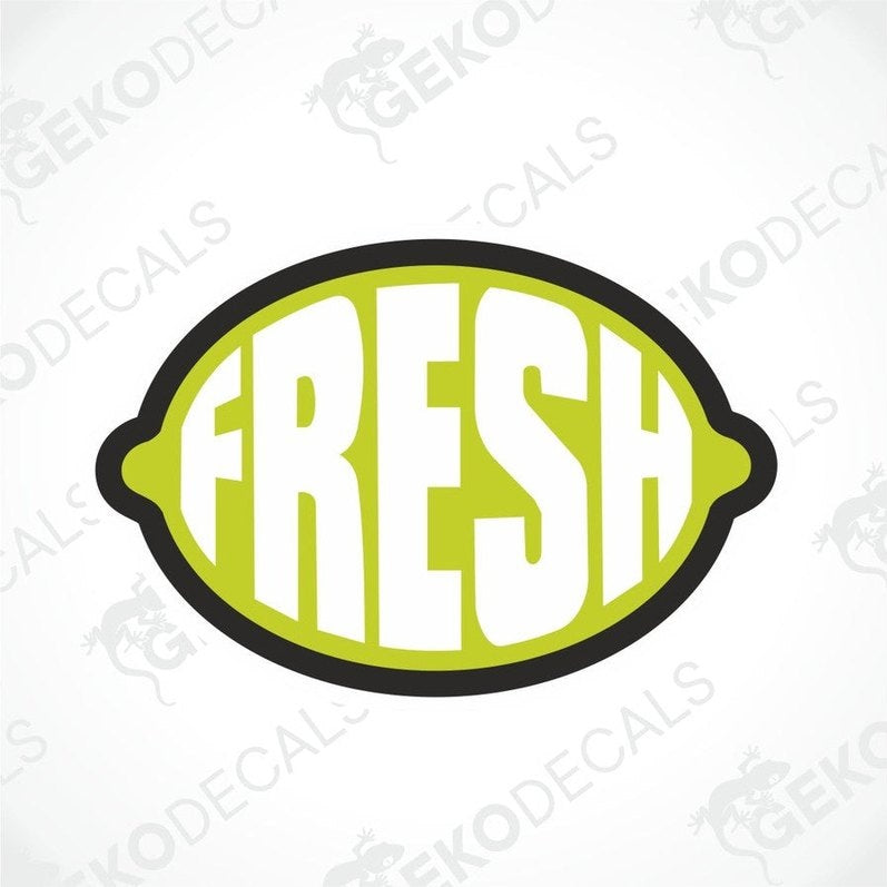 An image of a lime with a black border, containing the white text "FRESH".