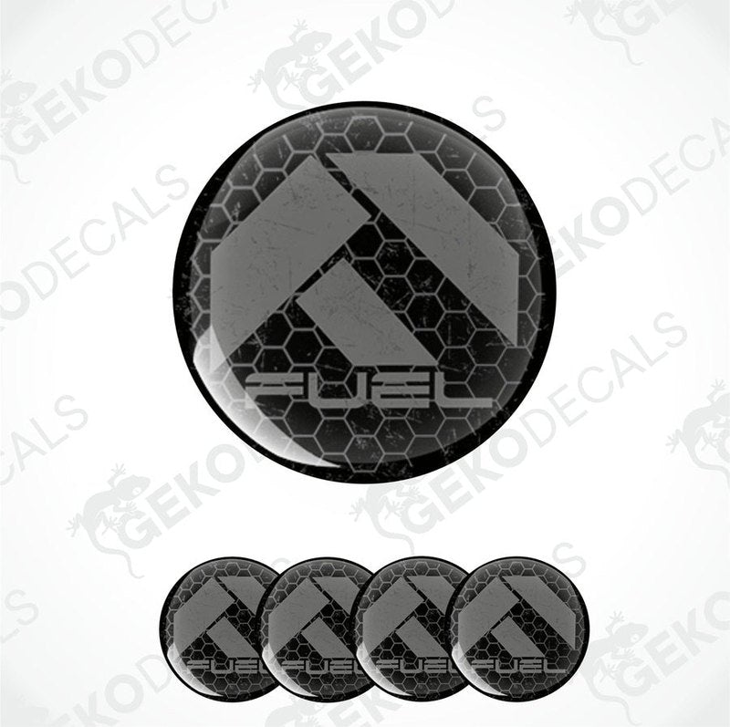 A set of black vinyl decals with the word 'FUEL' on them, presented against a white background.