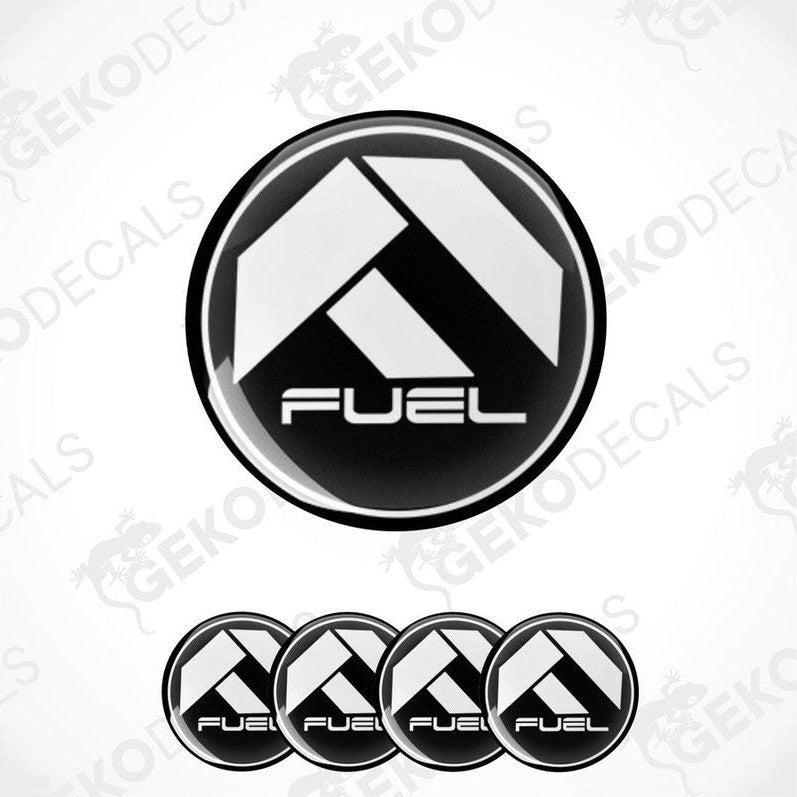 A set of four black, white, and gray vinyl stickers with the word 'FUEL' in the center.