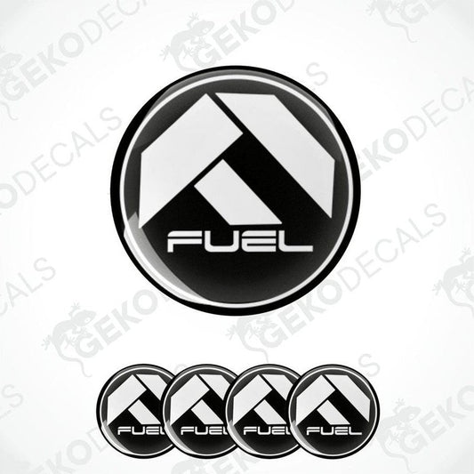 A set of four black, white, and gray vinyl stickers with the word 'FUEL' in the center.