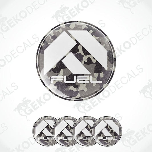 A set of four round vinyl stickers with a camouflage pattern and the word 'FUEL' in the center, displayed on a white background.