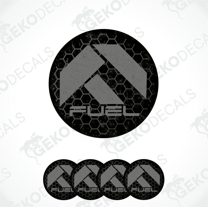 A set of black vinyl decals with the word 'FUEL' on them, presented against a white background.