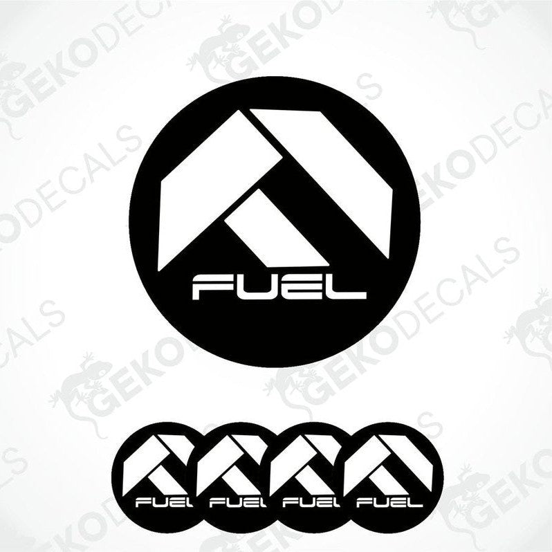 A set of four vinyl decals with 'FUEL' text and a geometric design, predominantly black and white.

