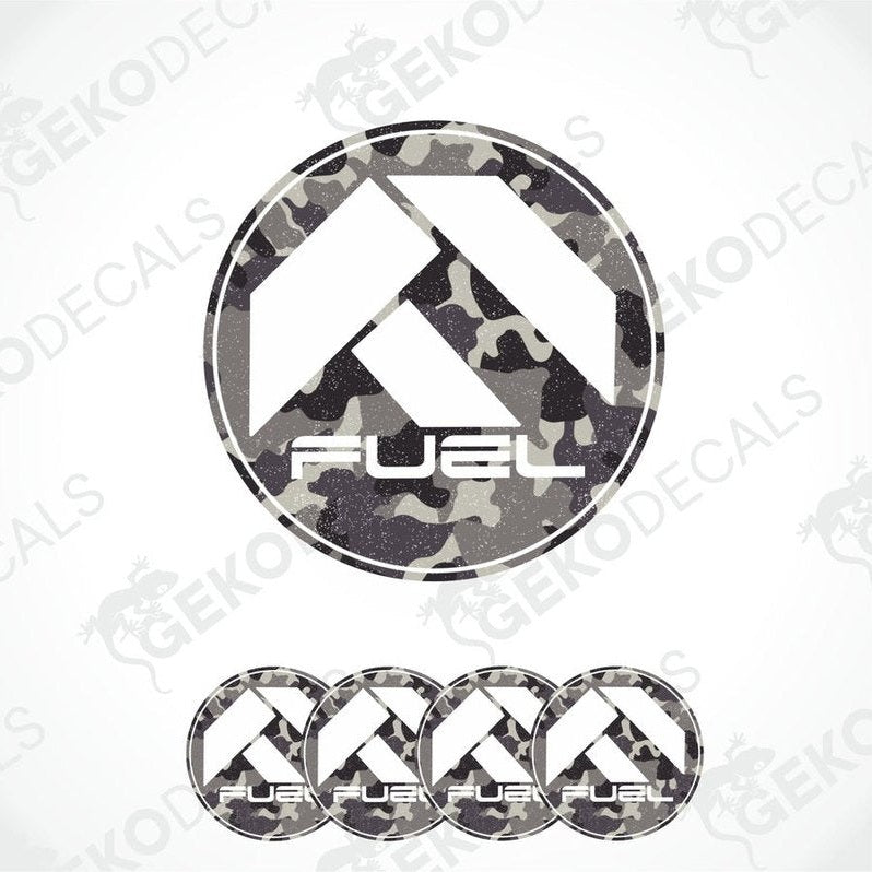 A set of four round vinyl stickers with a camouflage pattern and the word 'FUEL' in the center, displayed on a white background.
