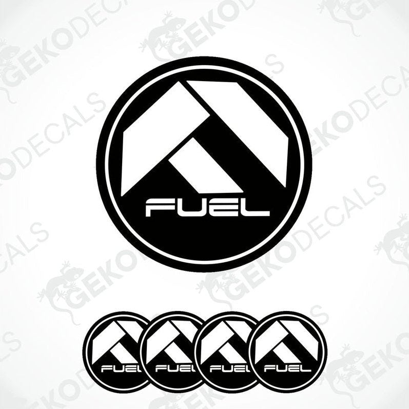 A set of four black, white, and gray vinyl stickers with the word 'FUEL' in the center.