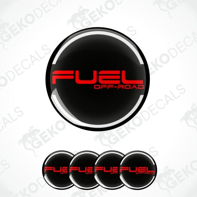 A set of black, red, and white vinyl decals with the text 'FUEL OFF ROAD' on them, designed for vehicle wheels.