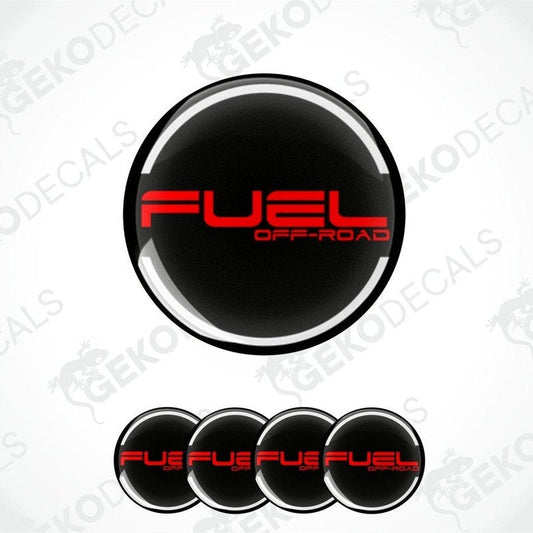 A set of black, red, and white vinyl decals with the text 'FUEL OFF ROAD' on them, designed for vehicle wheels.