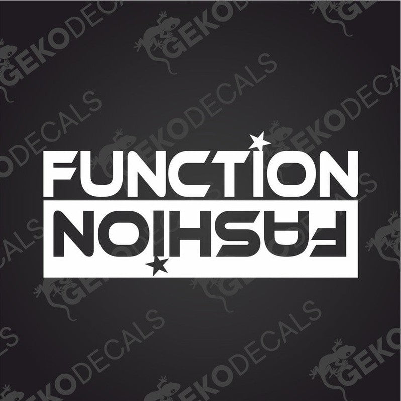The text FUNCTION in large white letters, with the mirror image of the upside-down word FASHION underneath.