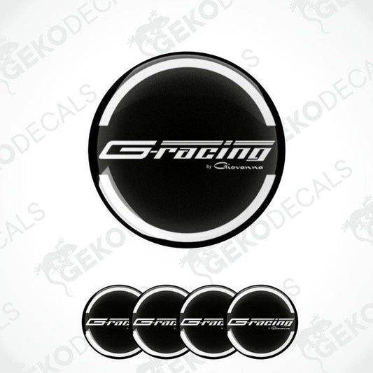 A set of four black vinyl stickers with the 'G-RACING' text and a logo, displayed on a white background.