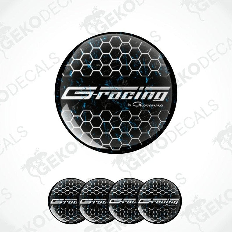 A set of black vinyl decals with a polyurethane coating featuring a honeycomb pattern and the text 'G-racing'.