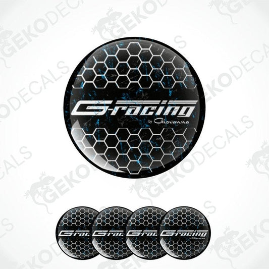 A set of black vinyl decals with a polyurethane coating featuring a honeycomb pattern and the text 'G-racing'.