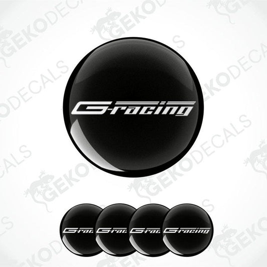 A set of four black vinyl stickers with the 'G-RACING' text and a logo, displayed against a white background.