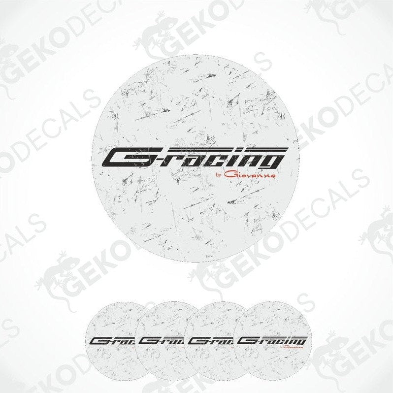 A set of vinyl decals with 'G-RACING' text in a sports car logo style, presented in a circular arrangement, predominantly white with a grey marble pattern.