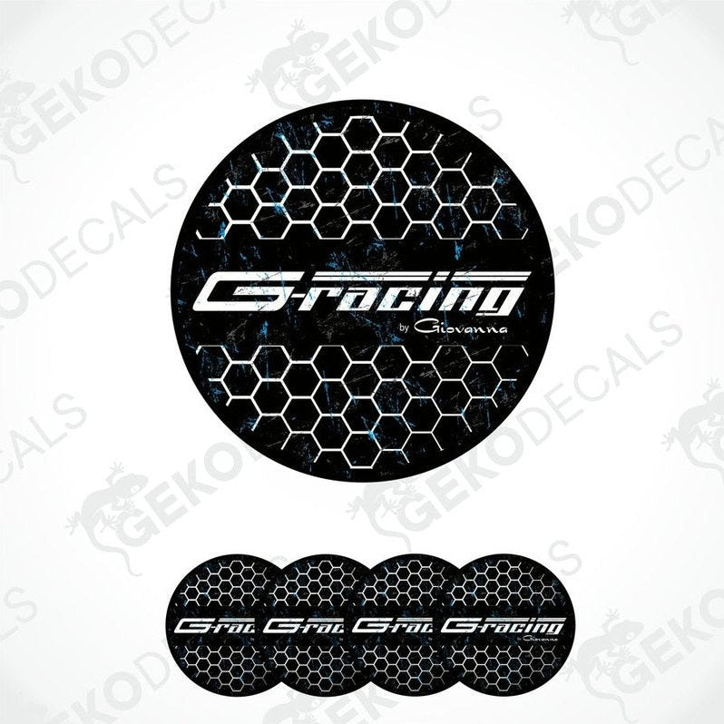 A set of black vinyl decals with a polyurethane coating featuring a honeycomb pattern and the text 'G-racing'.