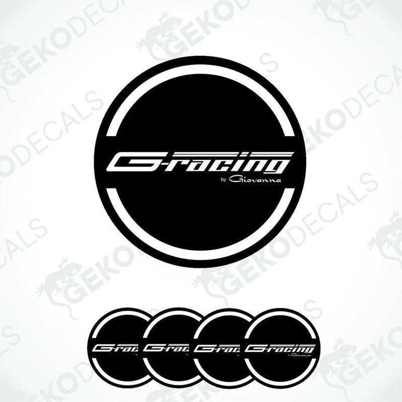 A set of four black vinyl stickers with the 'G-RACING' text and a logo, displayed on a white background.