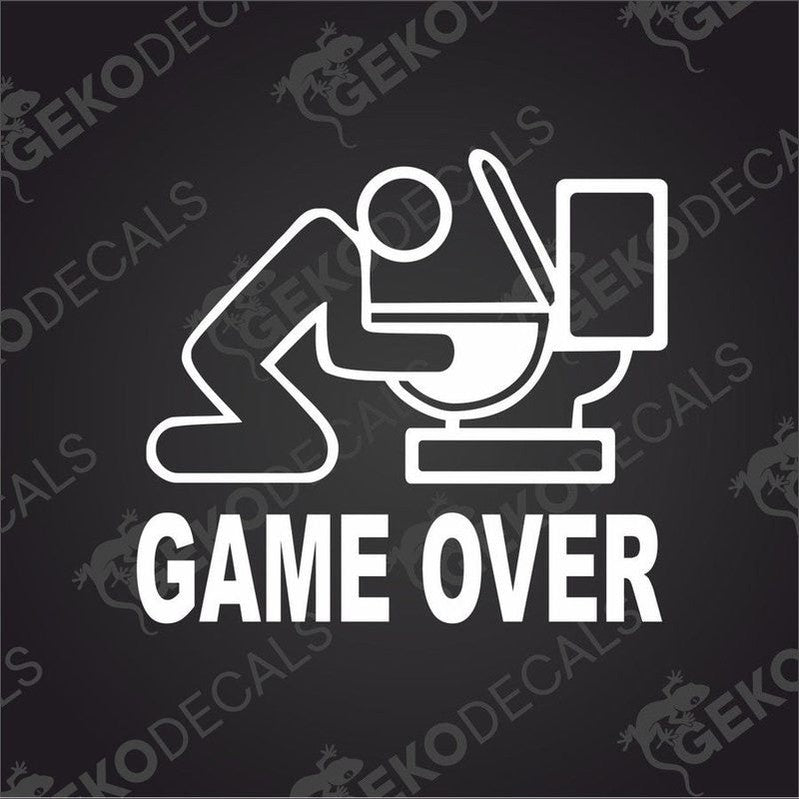 White GAME OVER die cut car decal with slumped person and laptop graphic on transfer paper