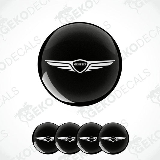 Set of four black and white polyurethane-coated vinyl stickers designed for use as car wheel covers. With GENESIS logo