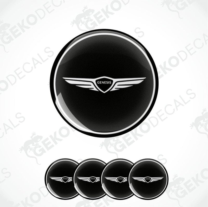 Set of four black and white polyurethane-coated vinyl stickers designed for use as car wheel covers. With GENESIS logo