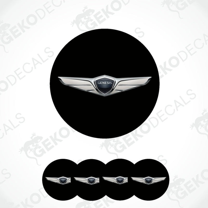A set of four black vinyl stickers with a silver Genesis brand emblem in the center.