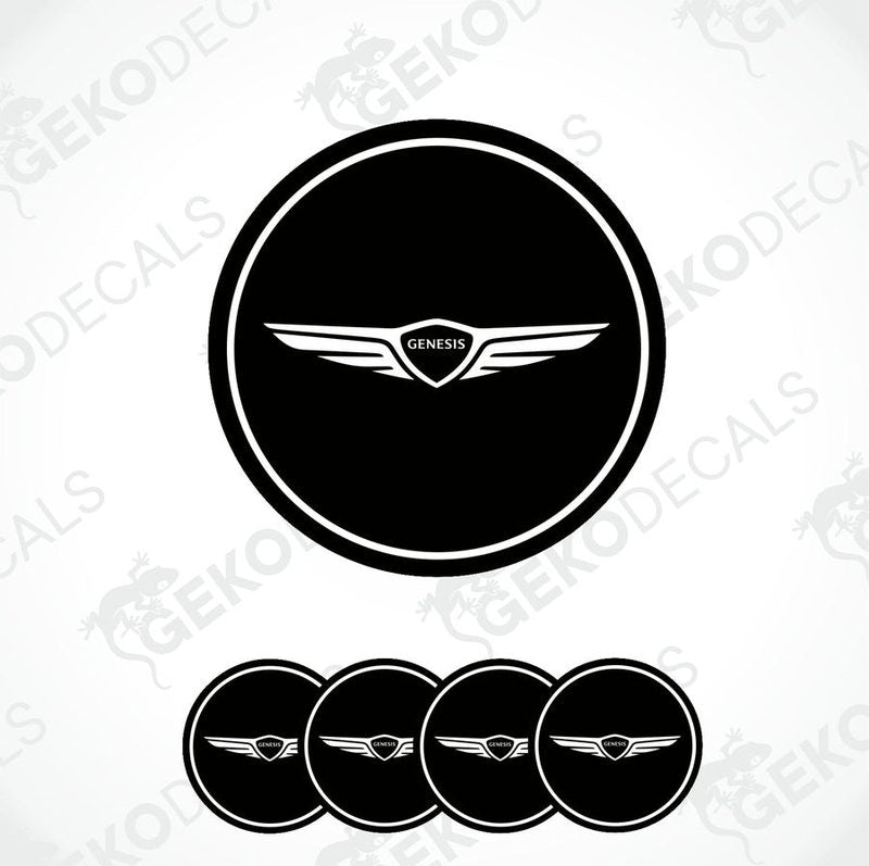 Set of four black and white polyurethane-coated vinyl stickers designed for use as car wheel covers. With GENESIS logo