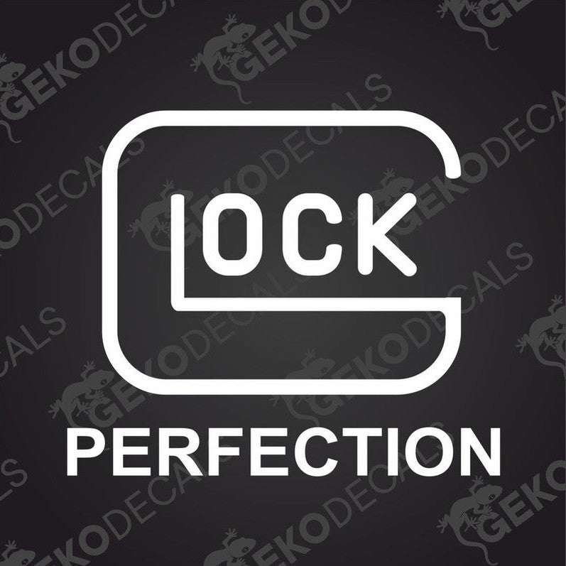 A white vehicle decal with the word 'CLOCK' and the word 'PERFECTION' next to a small graphic of a key.