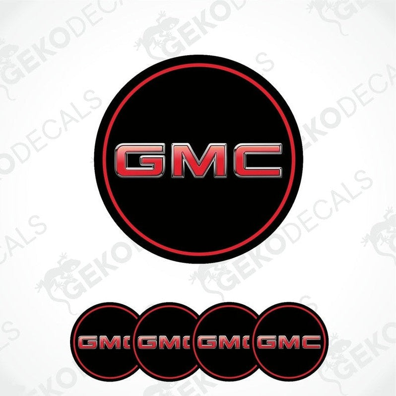 A set of four round GMC brand vinyl stickers with a red and black color scheme and a polyurethane coating.