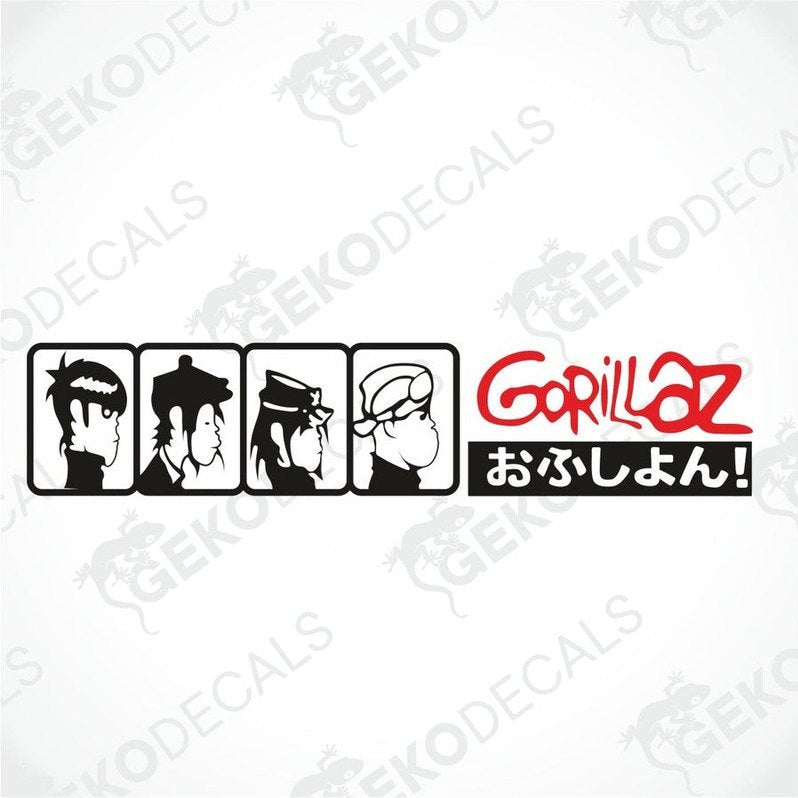 A set of three black and white car decals featuring cartoon-style characters with the word 'GORILLAZ' in red text above each decal.