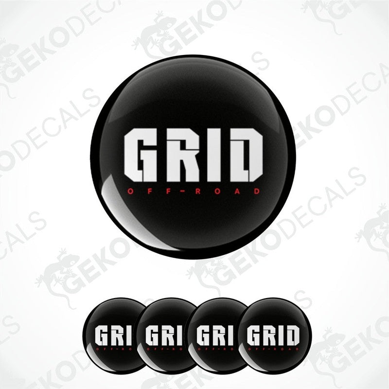 A set of black vinyl decals with the text 'GRID OFF-ROAD' in white and red.