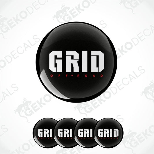 A set of black vinyl decals with the text 'GRID OFF-ROAD' in white and red.