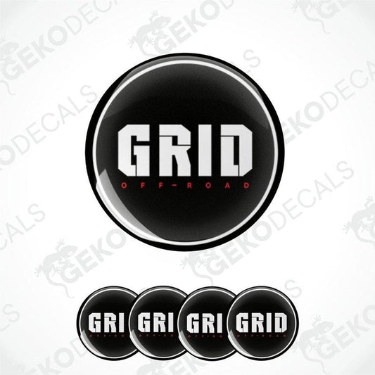 A set of four black vinyl stickers with the word 'GRID' and 'OFF-ROAD' printed on them, arranged in a circular pattern with a white background.