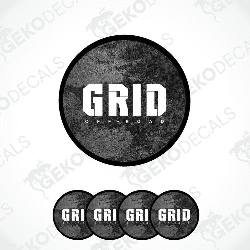 A set of four round vinyl stickers with the text 'GRID OFF-ROAD' on a black background, arranged in a stacked layout.