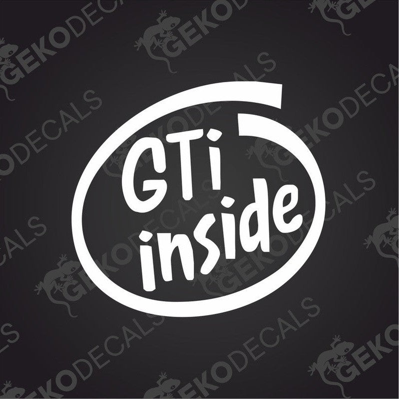 A black car decal with the text 'GTI INSIDE' in white.