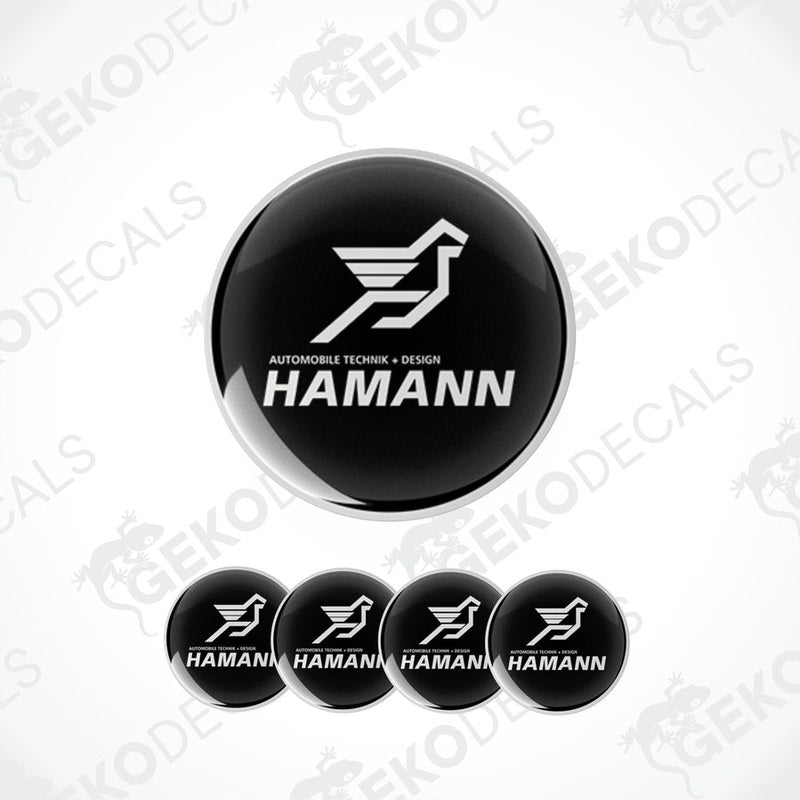 Set of five black vinyl decals with the HAMANN logo, designed for use as car wheel caps or stickers.