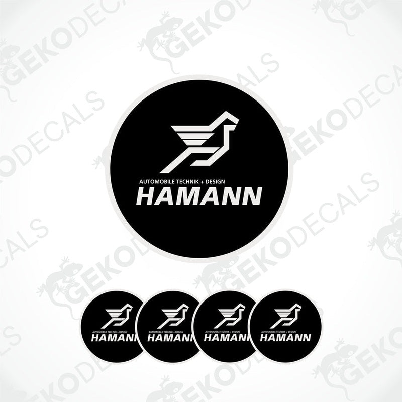 Set of five black vinyl decals with the HAMANN logo, designed for use as car wheel caps or stickers.