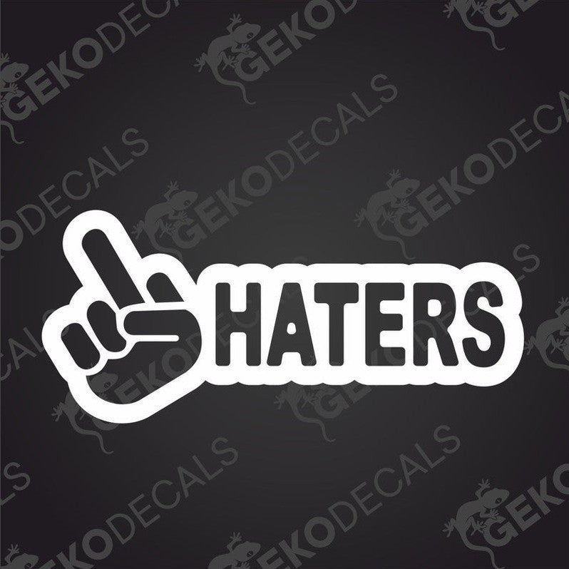 A white sticker with the word 'HATERS' in bold letters, resembling a hand gesture, designed for use as a car decal.