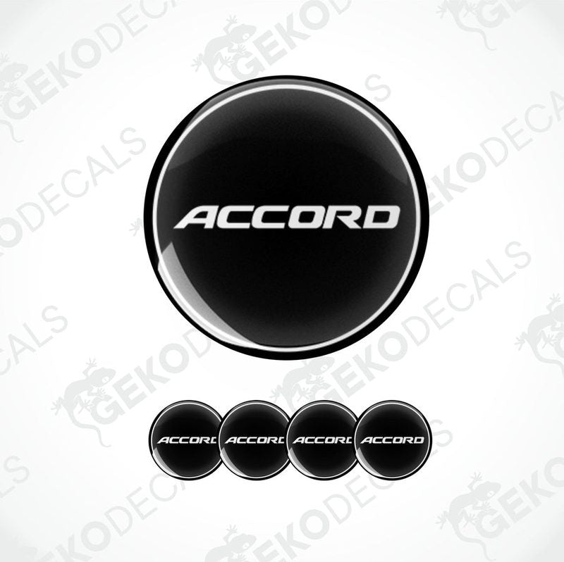 A set of four blac kand white vinyl stickers with the word 'ACCORD' printed on them