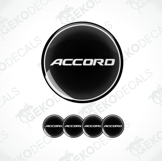 A set of four blac kand white vinyl stickers with the word 'ACCORD' printed on them