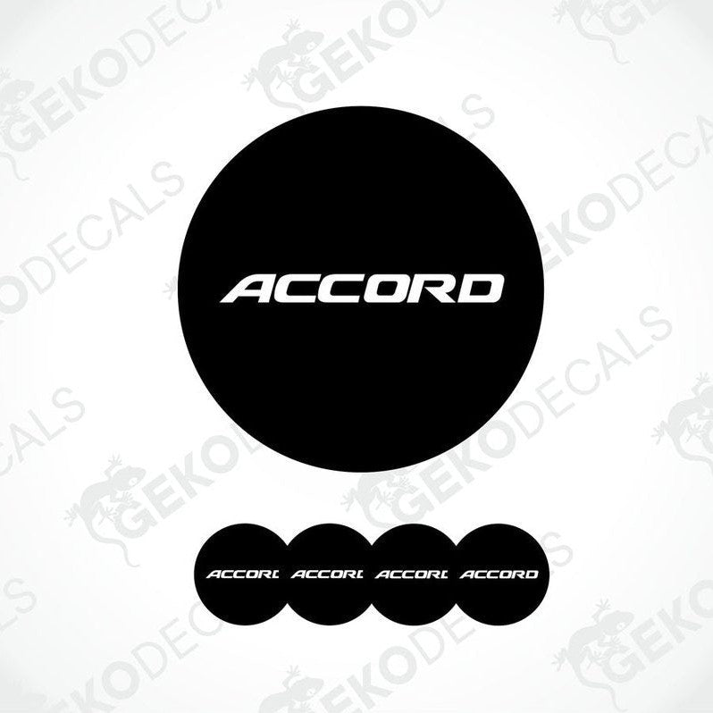 A set of black vinyl decals with the text 'ACCORD' on them, typically used as car wheel caps.